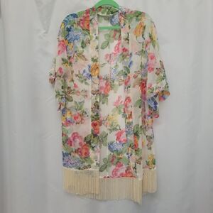Big Buddha Kimono Coverup Semi-Sheer Sleeves Fringe Swim Festival Floral OS